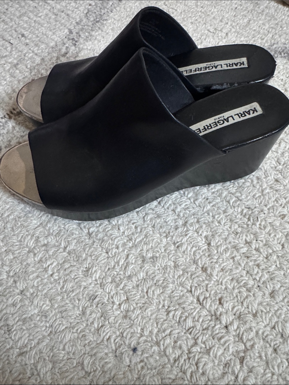 Karl Lagerfeld Black Open-Toe Wedge Mules with Silver Toe Accent